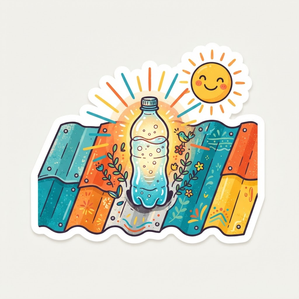 Ilustração de uma garrafa PET encaixada num telhado brilhando como uma lâmpada.